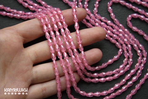 Фианит розовый "капля", гранёная 4х6 мм, набор 7 бусин