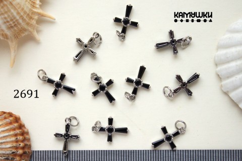 Подвеска "черный крестик" с фианитом 10,5х13 мм, №2691, 1 шт