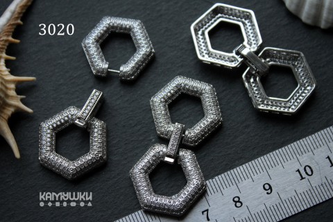Застежка многорядная "шестигранник" с фианитами 23х42 мм, №3020, 1 шт