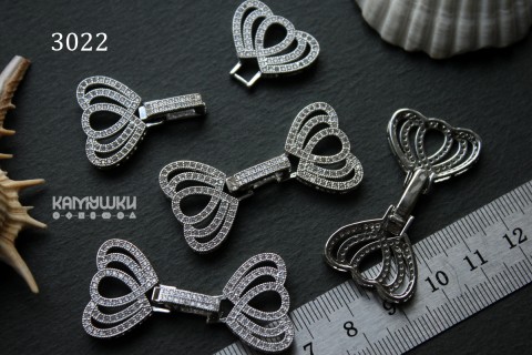 Застежка многорядная "сердца" с фианитами 22х43 мм, №3022, 1 шт
