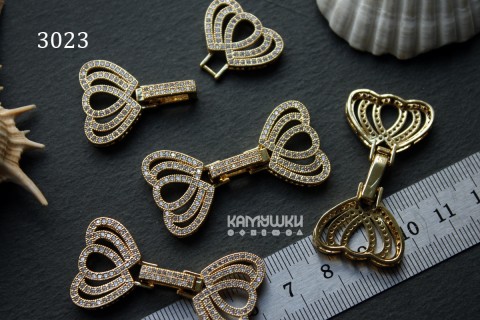 Застежка многорядная "сердца" с фианитами 22х43 мм, №3023, 1 шт