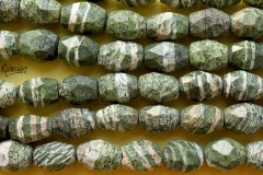 Змеевик с хризотилом, граненый бочонок, набор 6 бусин
